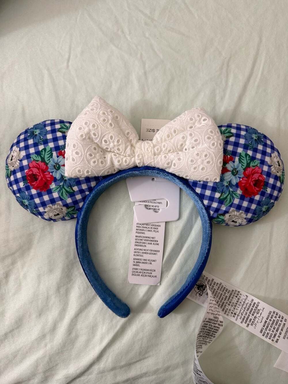 Disney Parks Minnie Mouse Blue Gingham Floral Checkered Ear Headband